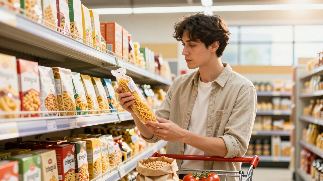 Jovem segura pacote de macarrão no corredor de supermercado enquanto faz compras no carrinho.