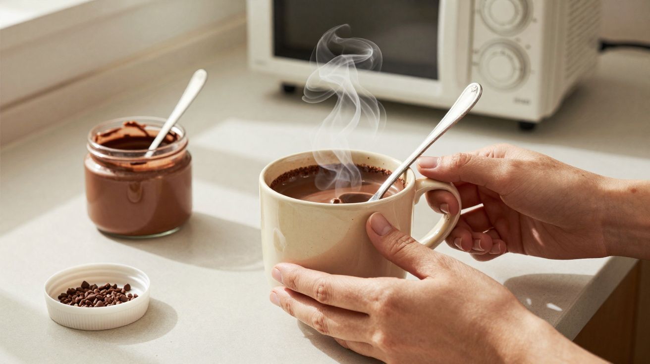 Mãos seguram caneca fumegante de chocolate quente na pia com pote e colher de chocolate ao fundo.