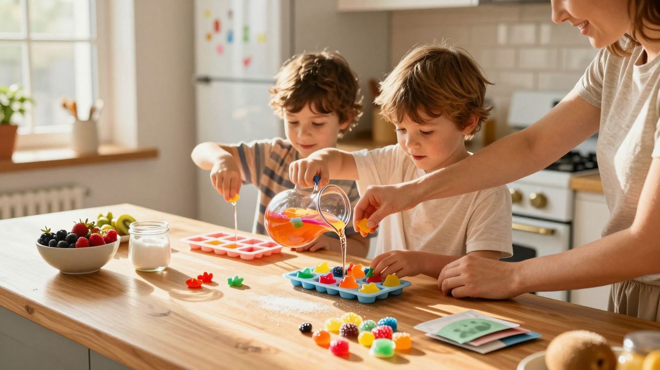 Crianças e mulher fazendo cubos de gelo coloridos em formas na cozinha ensolarada.