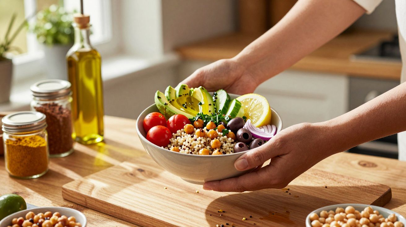 Pessoa segurando tigela com salada colorida de quinoa, grão-de-bico, tomate, abacate, pepino, azeitonas e limão.