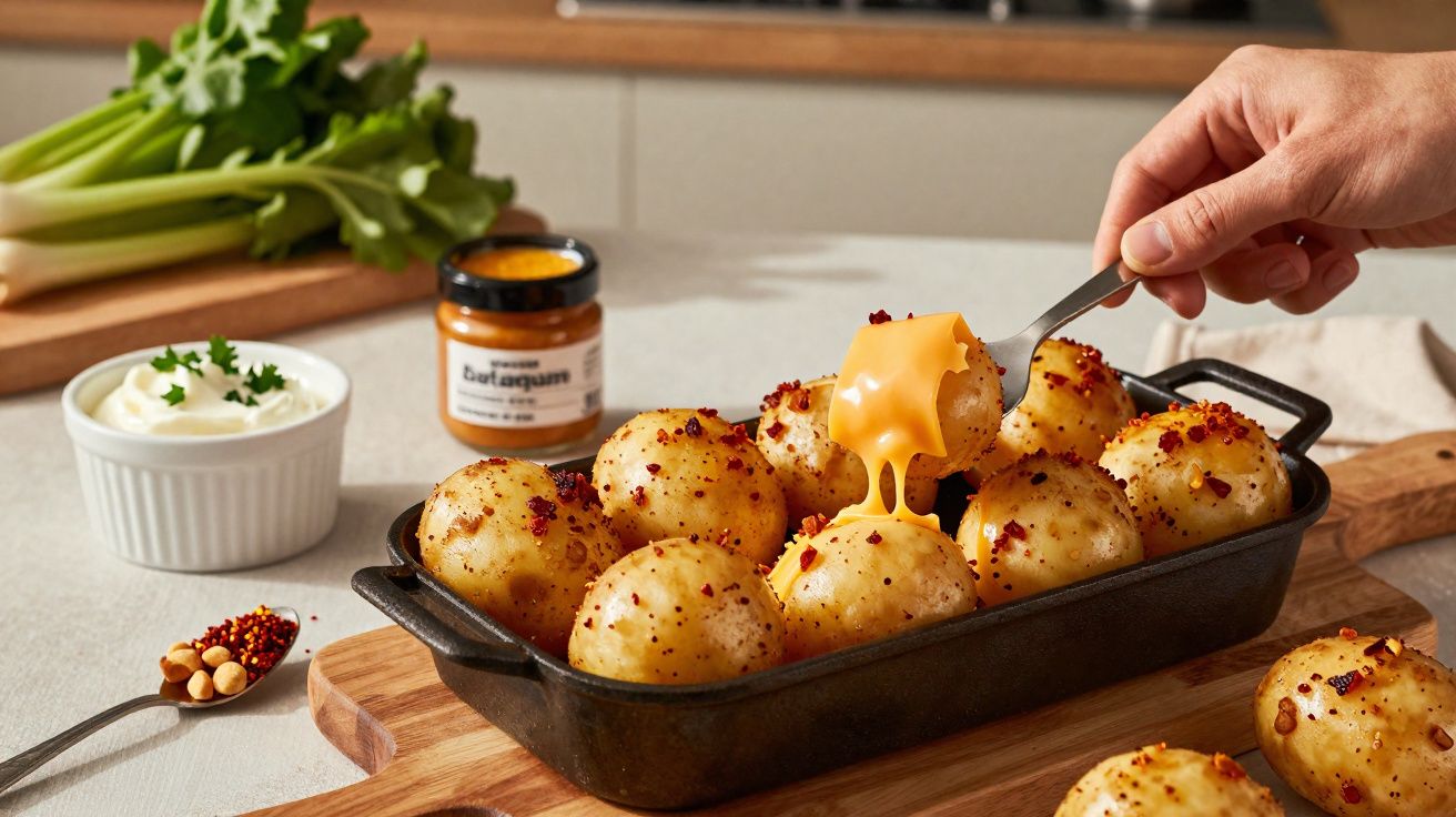 Mão derramando queijo derretido em bolinhos temperados servidos em travessa preta com molhos ao fundo.