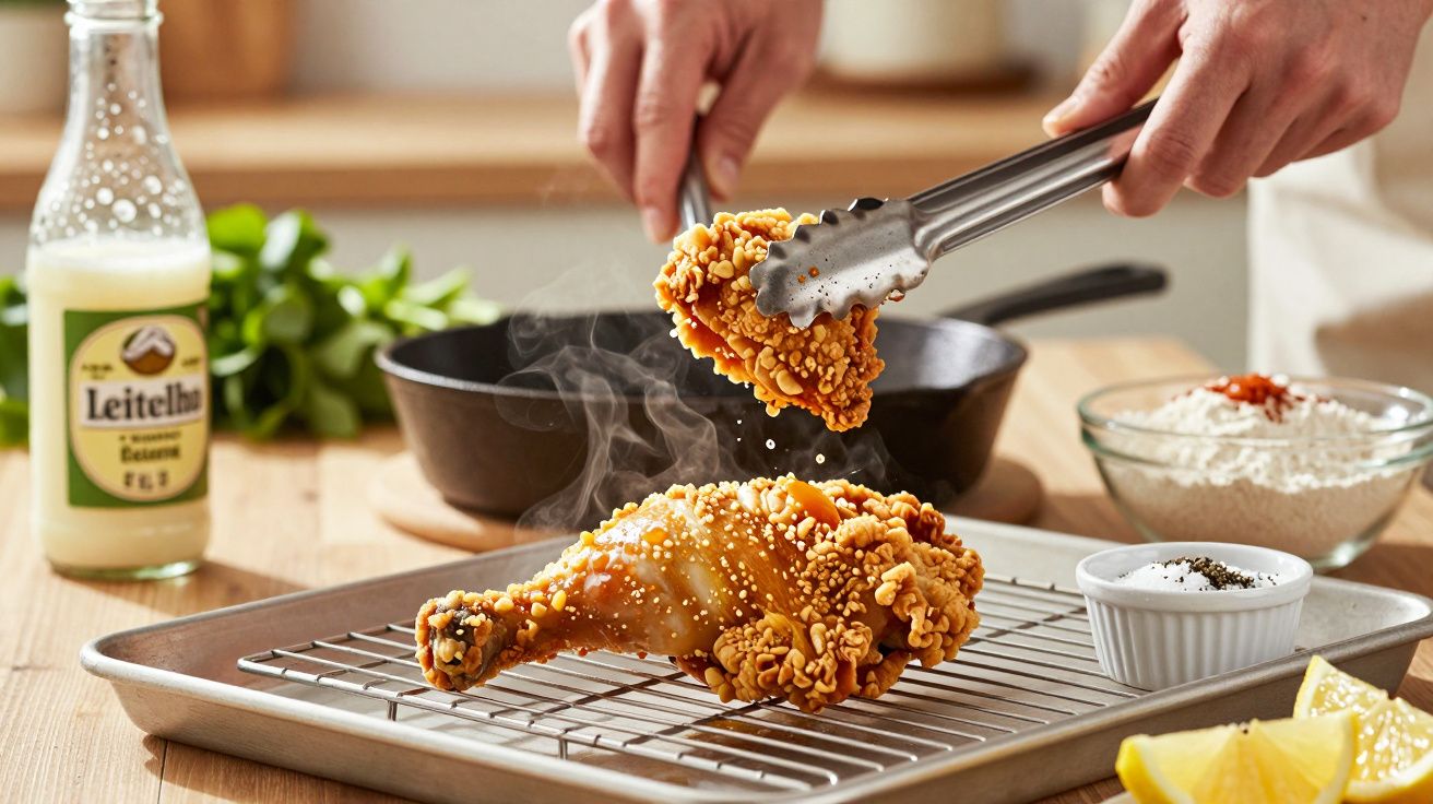 Pedaços de frango frito crocante sendo retirados do forno com pinça, ao lado de molho e limão.