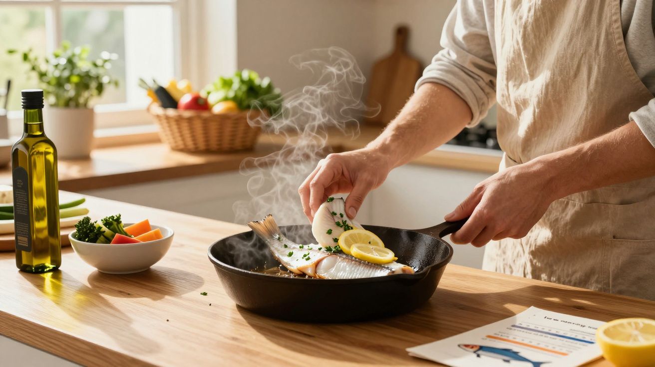 Pessoa temperando peixe com limão e ervas em frigideira, em cozinha com bancada de madeira.