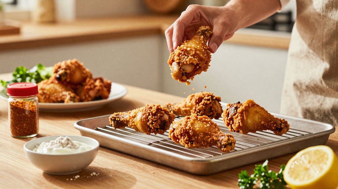 Pessoa segurando coxa de frango frito crocante sobre travessa metálica com outras coxas e temperos na mesa.