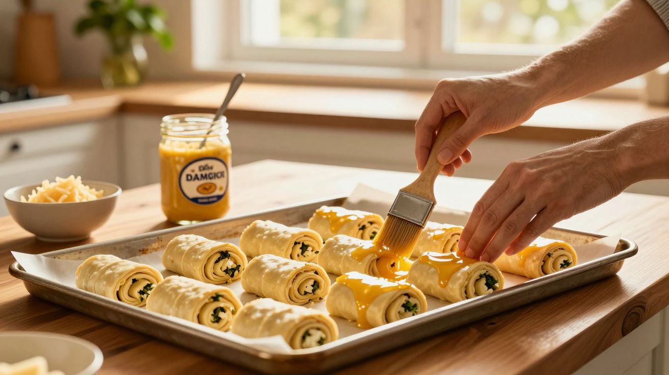 Mãos pincelando molho amarelo sobre enroladinhos recheados em forma de espiral em uma assadeira na cozinha.