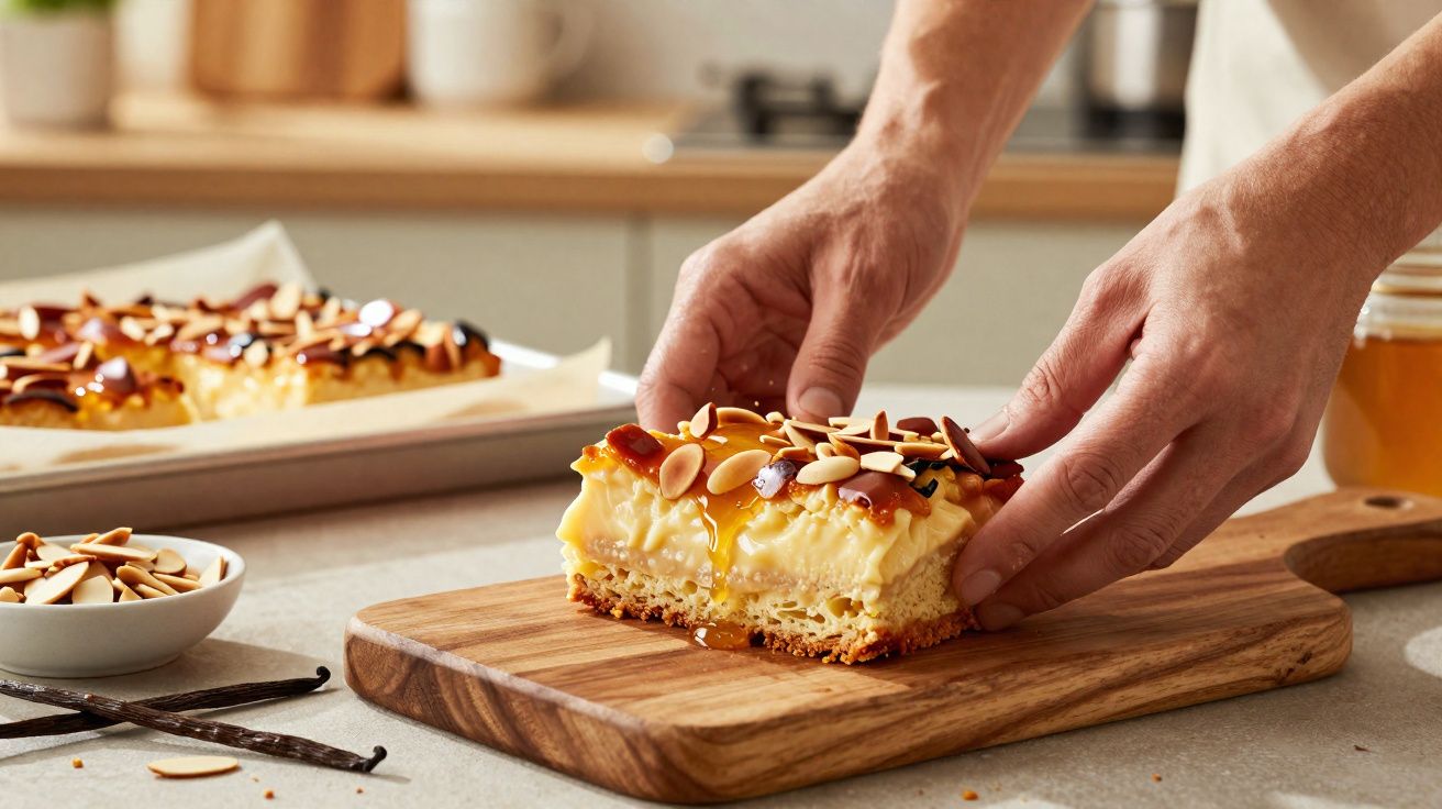 Mãos pegando fatia de torta cremosa com amêndoas e calda em tábua de madeira na cozinha.