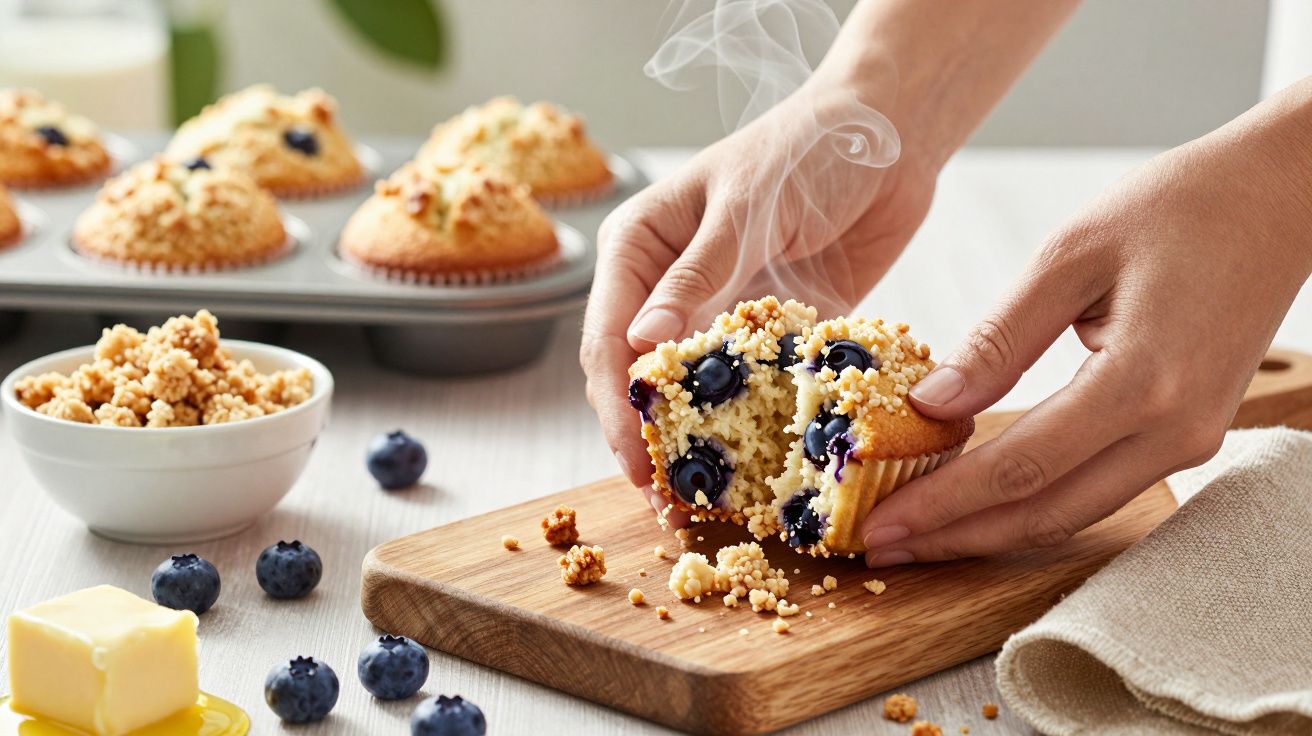 Muffin quente de mirtilo sendo partido ao meio em tábua de madeira, com farofa, mirtilos e manteiga ao redor.