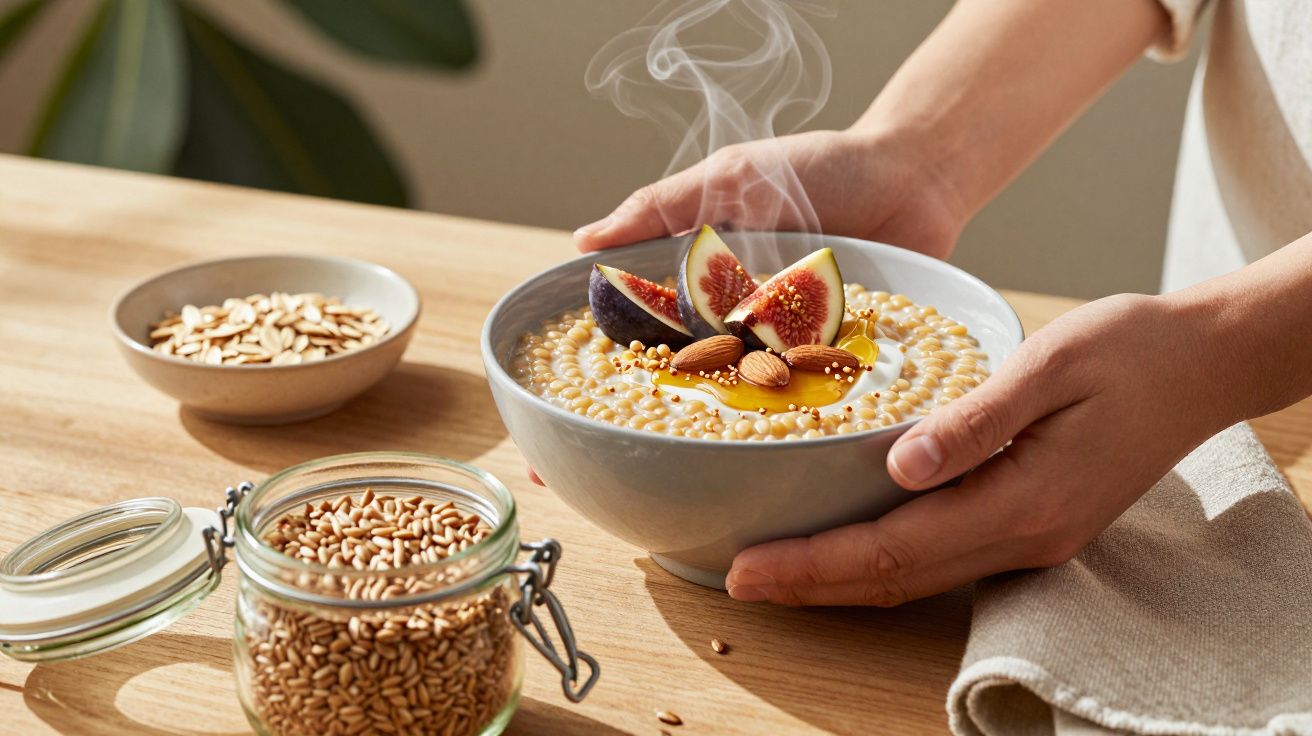 Pessoa segurando tigela com mingau quente, figos, amêndoas e sementes em mesa de madeira clara.