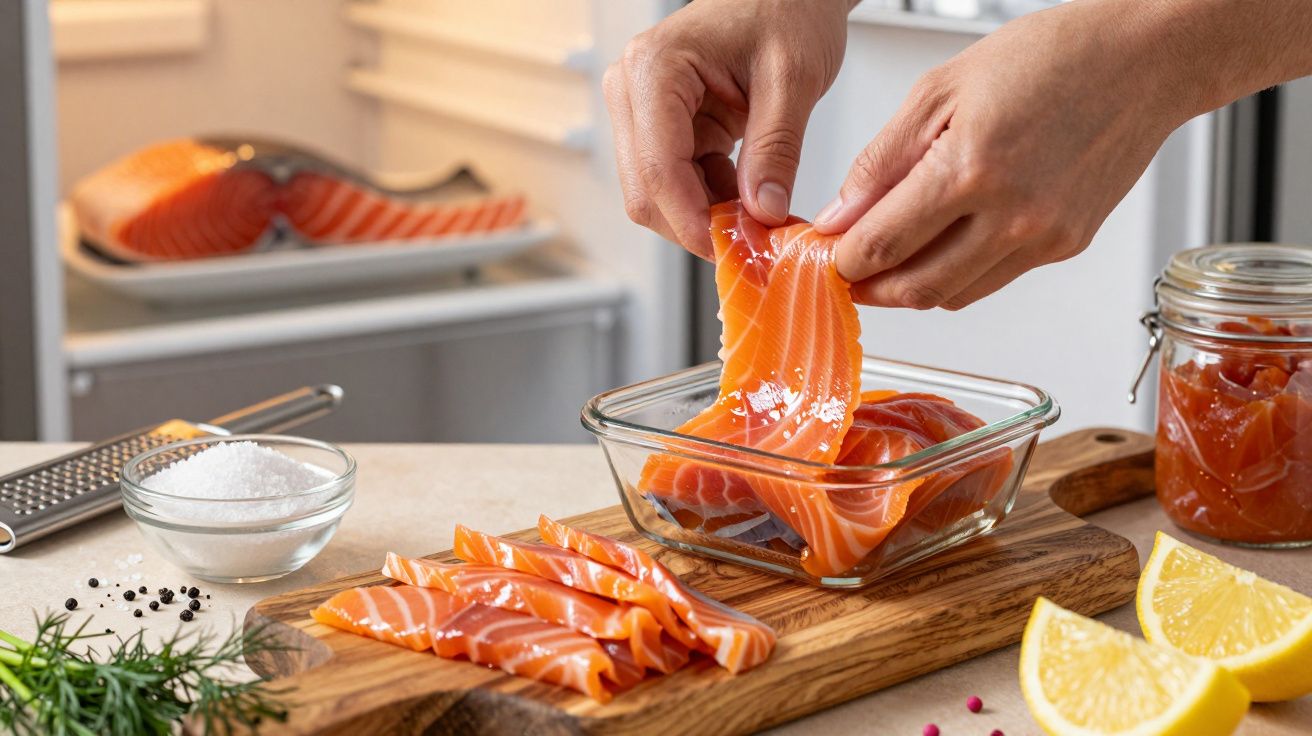 Mãos colocando fatias de salmão fresco em pote de vidro com tábuas, limão e temperos na cozinha.