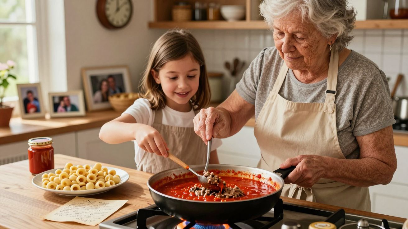Idosa e criança preparando molho de tomate com carne juntas em cozinha doméstica aconchegante.