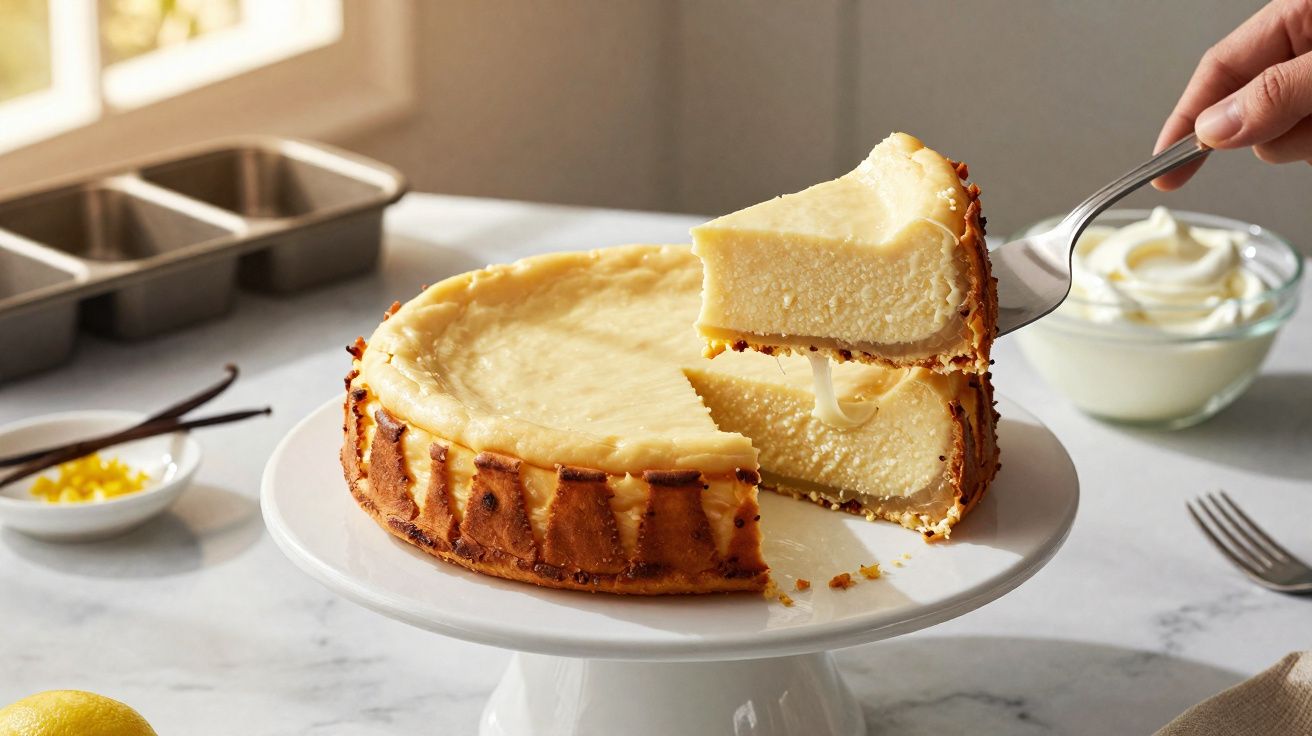 Cheesecake cremoso em prato branco com uma fatia sendo retirada com espátula.