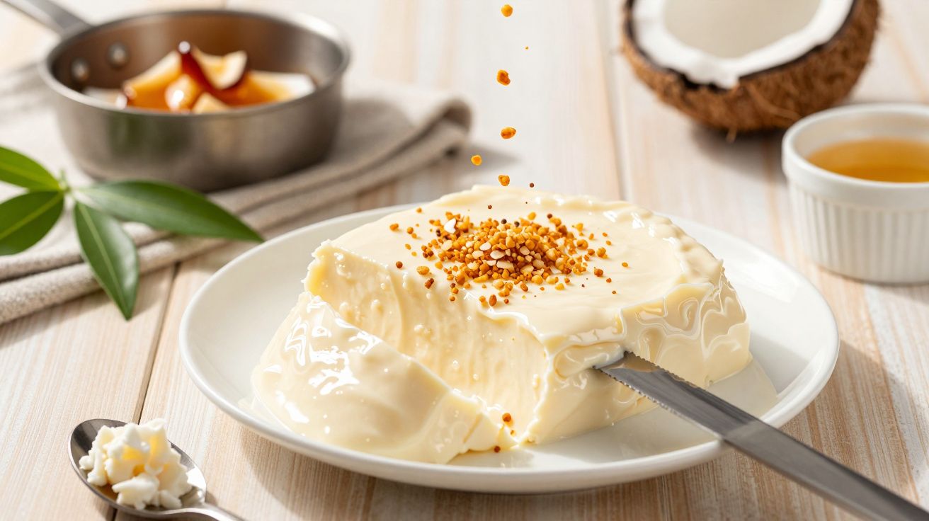 Pudim cremoso branco com crocante salpicado por cima e coco ao fundo, em prato branco sobre mesa clara.