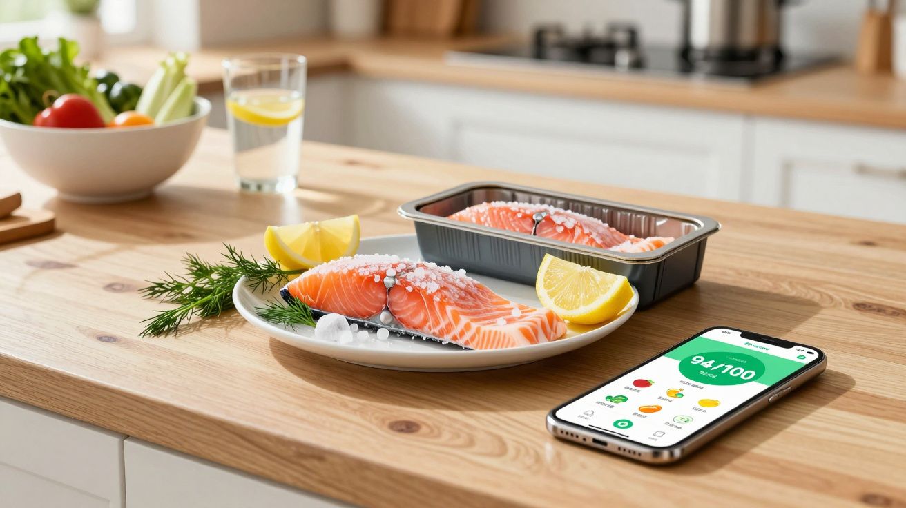 Filé de salmão cru com limão e ervas em prato e embalagem, ao lado de celular com app de nutrição.