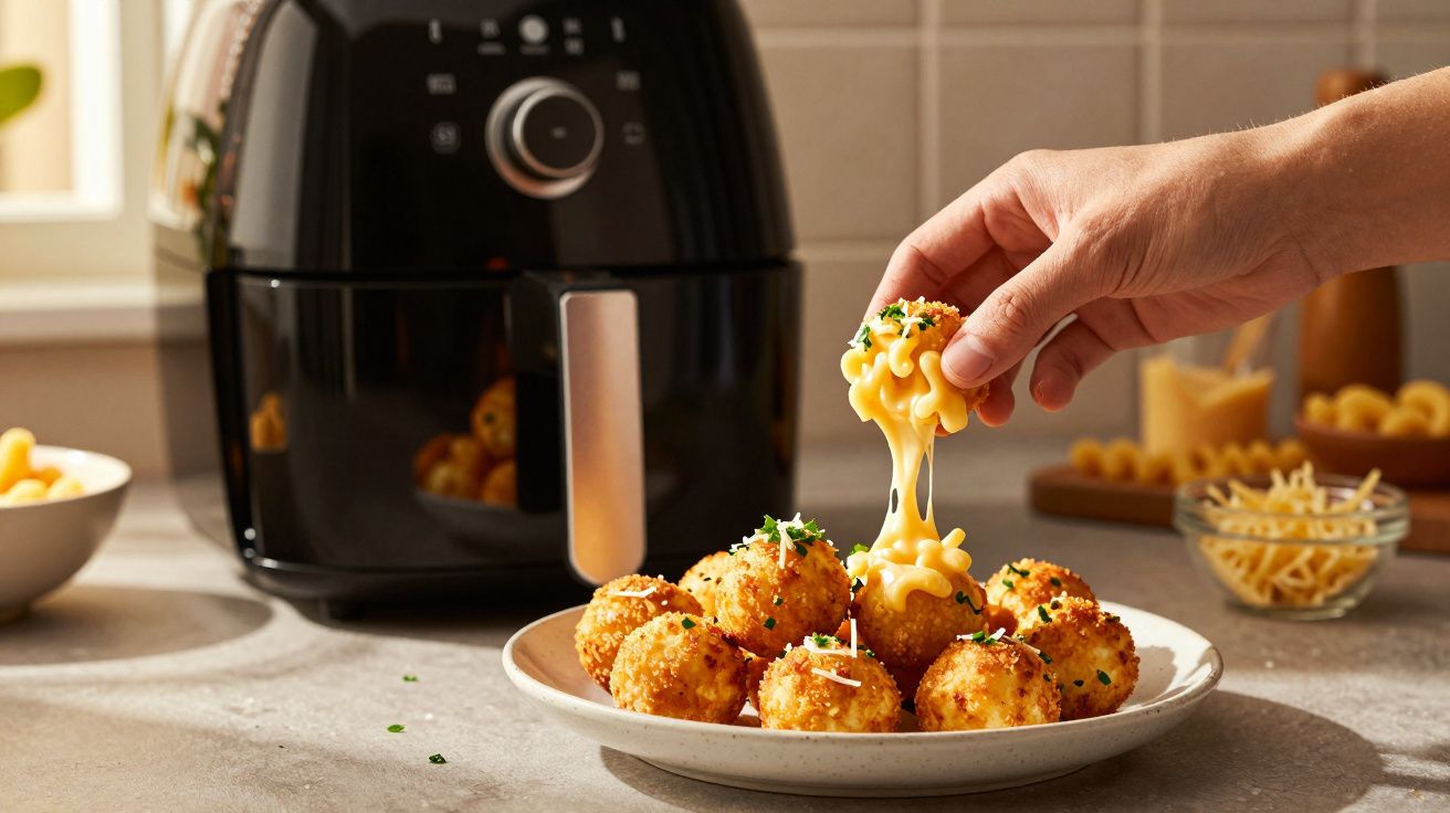 Mão pegando bolinho crocante de macarrão com queijo ao lado de fritadeira elétrica preta em bancada.