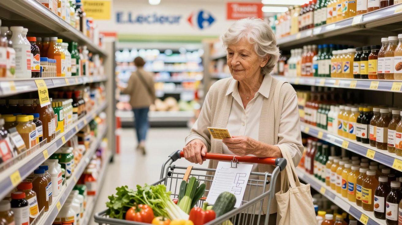 Mulher idosa fazendo compras no supermercado, empurrando carrinho com legumes e consultando lista.
