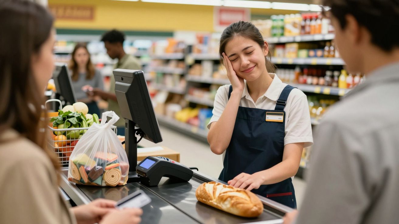 Caixa de supermercado cansada com mão na cabeça, atendendo clientes na fila do caixa.