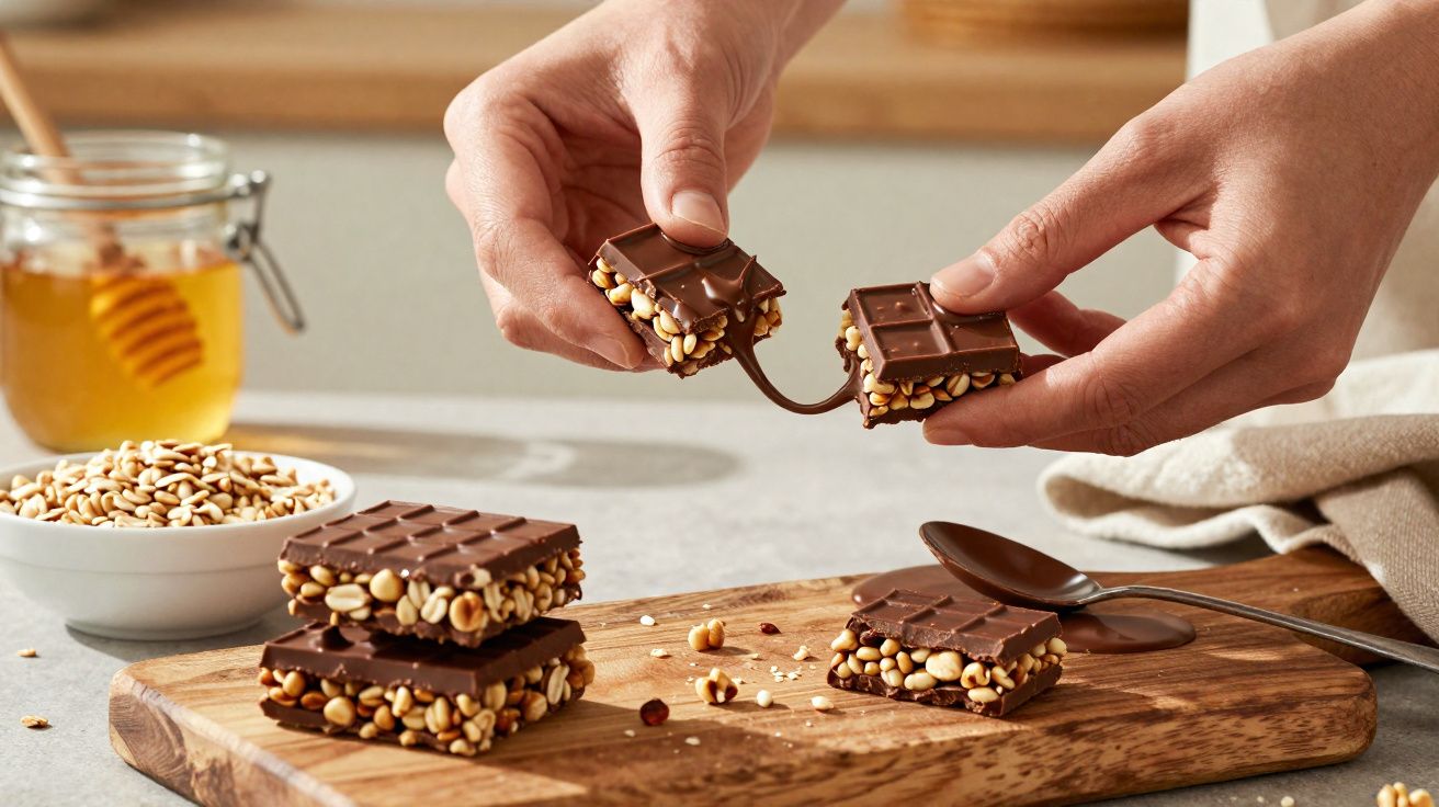 Mãos quebrando barra de chocolate com castanhas sobre tábua de madeira, mel e castanhas ao fundo.