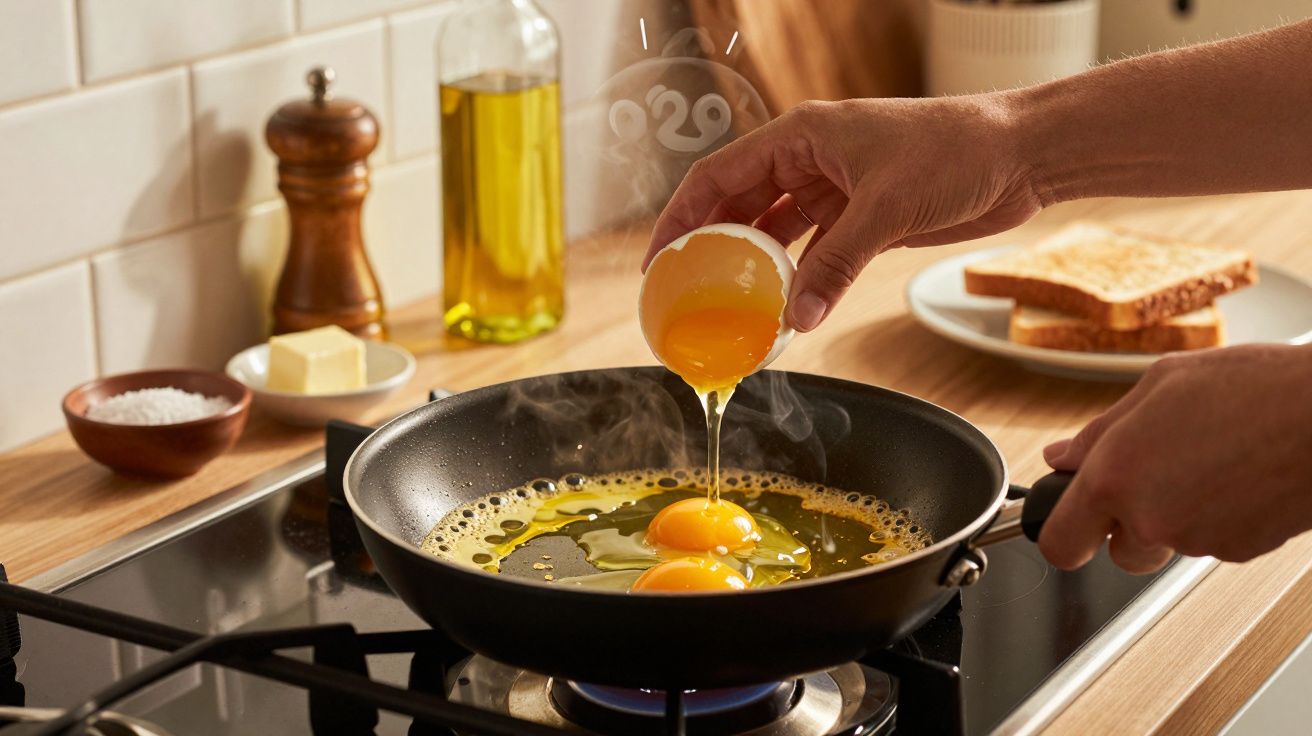 Pessoa quebrando ovos na frigideira sobre o fogão em cozinha com temperos e pão ao fundo.
