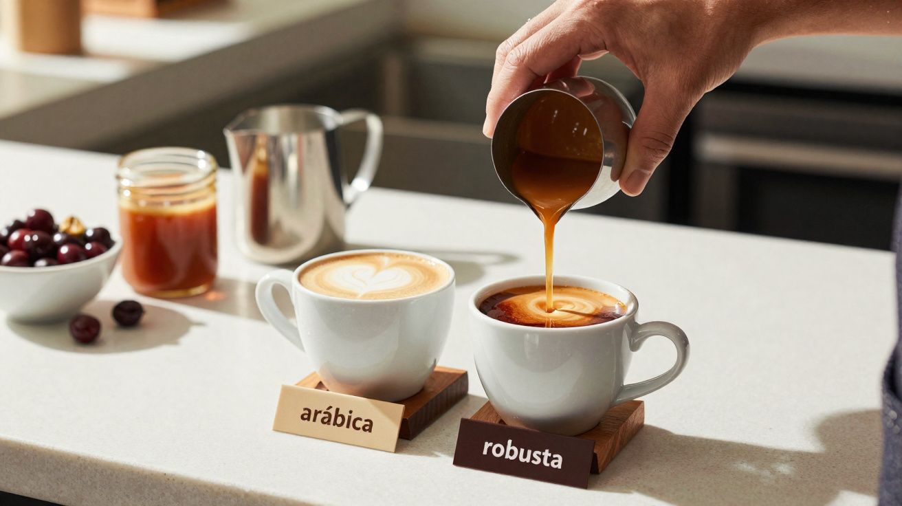 Duas xícaras de café, uma arábica com espuma desenhada e outra robusta sendo completada com café.