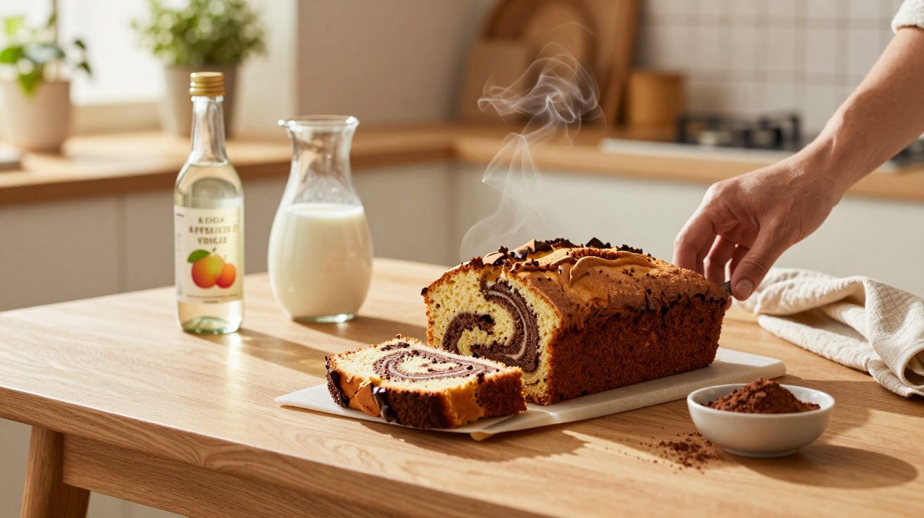 Bolo mármore quente com fatias, uma mão pegando uma fatia, jarra de leite e garrafa na mesa de madeira.