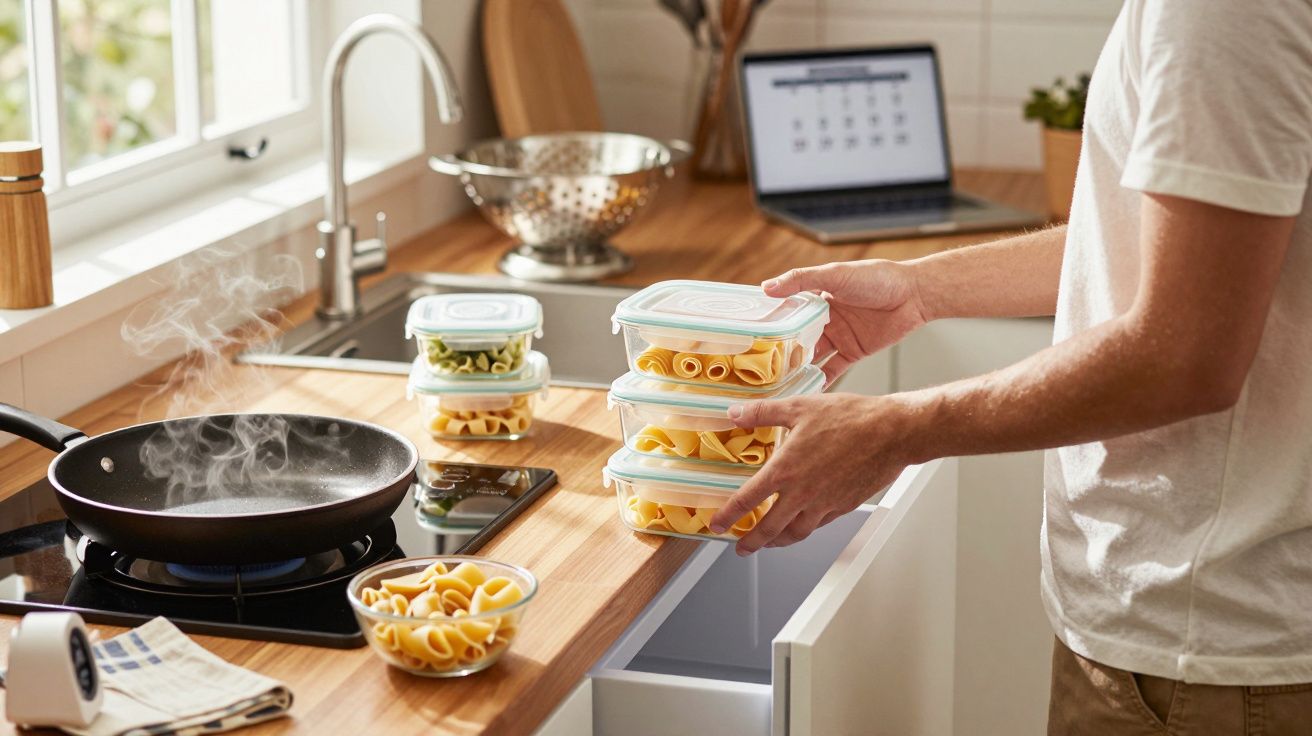 Pessoa guardando potes plásticos com macarrão cru na cozinha moderna com frigideira no fogão aceso.