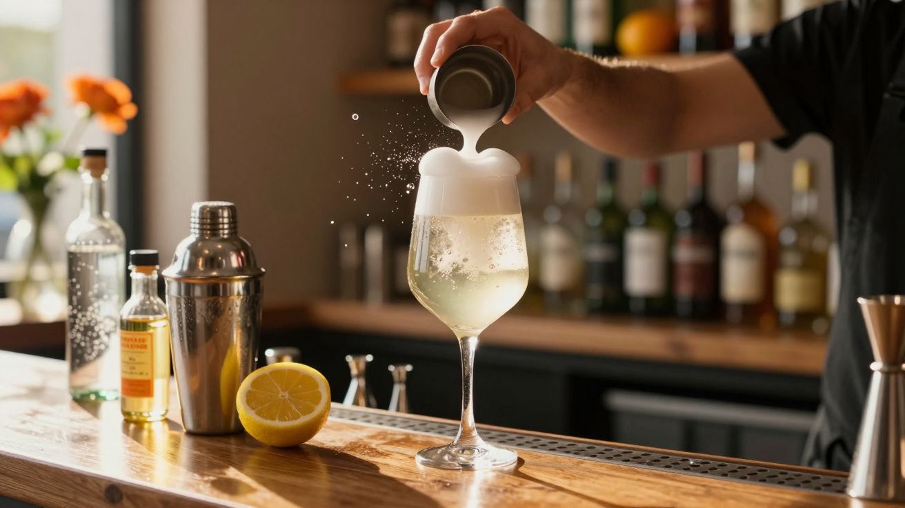 Pessoa preparando coquetel com espuma em taça de vinho em bar iluminado pelo sol