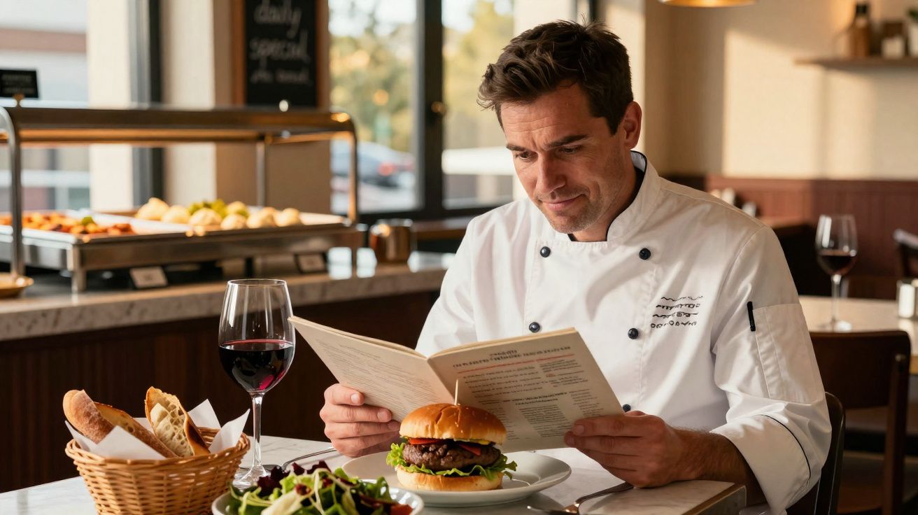 Chef em uniforme branco lendo o cardápio sentado à mesa com hambúrguer, salada, cesta de pães e taça de vinho.