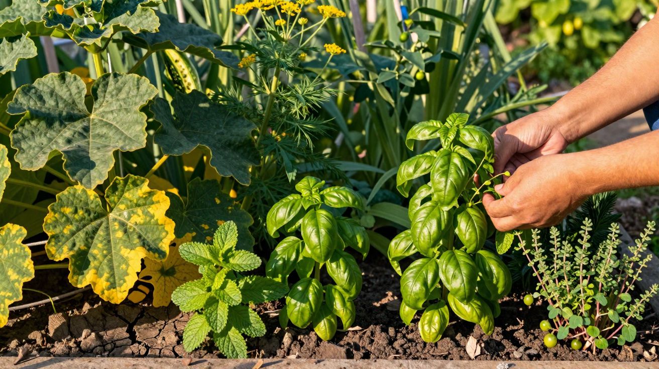 Horta com ervas frescas, incluindo manjericão, salsa e hortelã, e mãos colhendo folhas verdes.