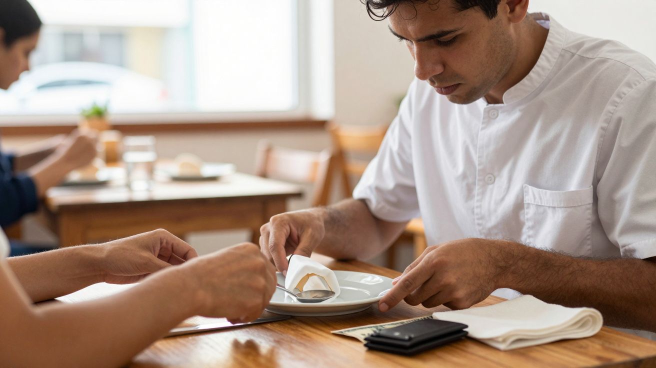 Homem em camisa branca abre embalagem de comida em restaurante enquanto outra pessoa prepara garfo.
