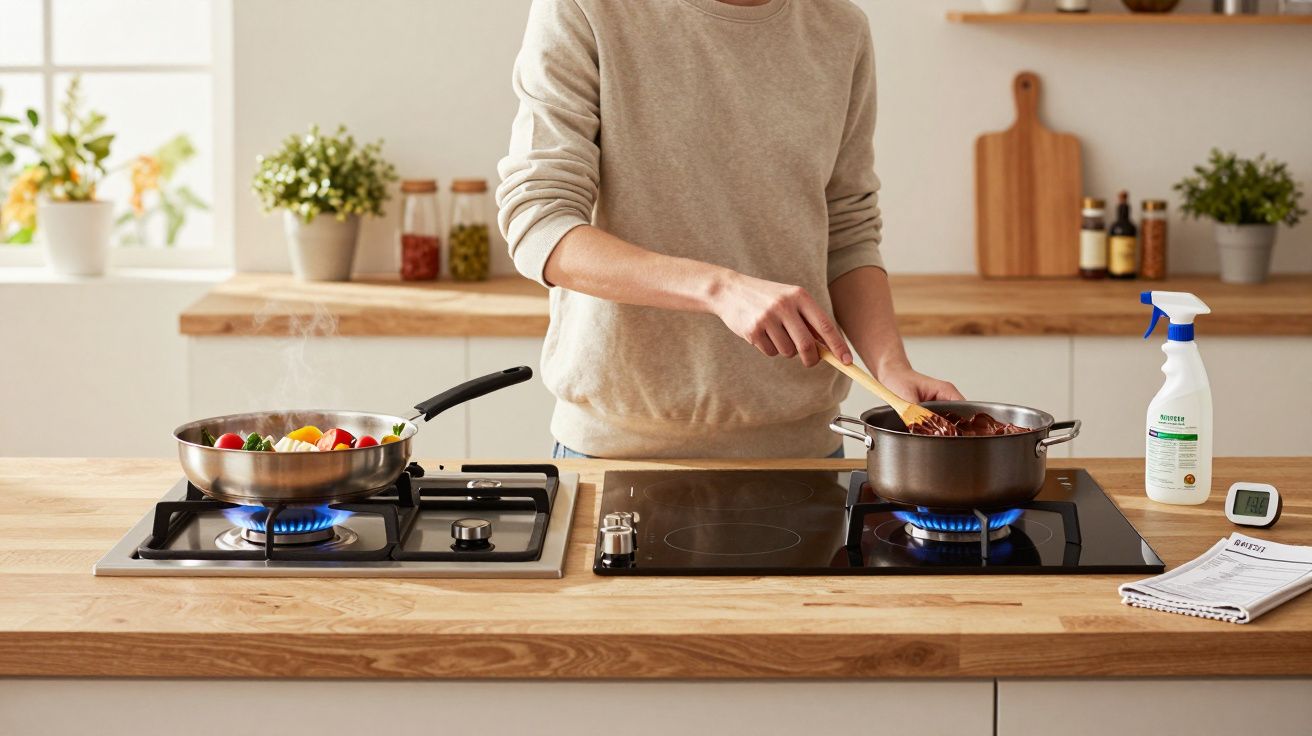 Pessoa cozinhando em fogão de cozinha moderna com legumes e molho em panelas, spray de limpeza ao lado.