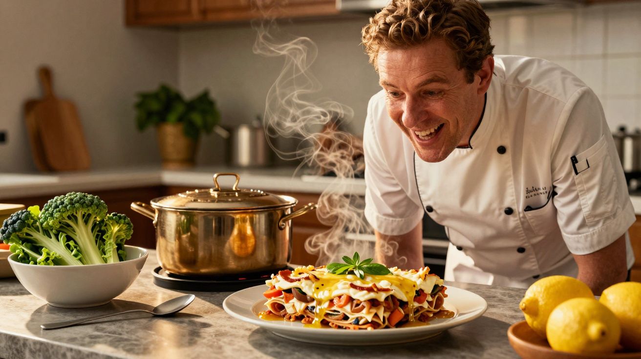 Chef sorridente observando lasanha fumegante servida em prato sobre bancada com legumes e limões.
