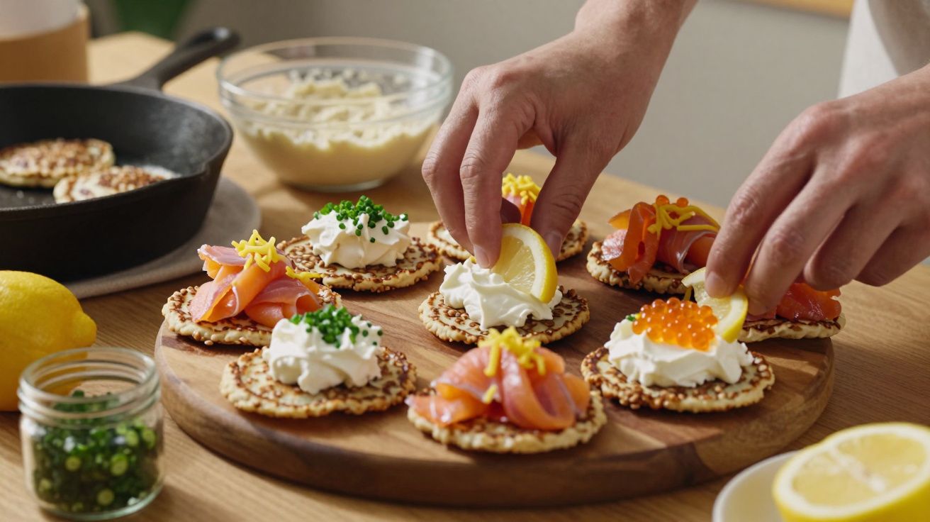 Mãos decorando blinis com creme, salmão, caviar e limão em tábua de madeira.