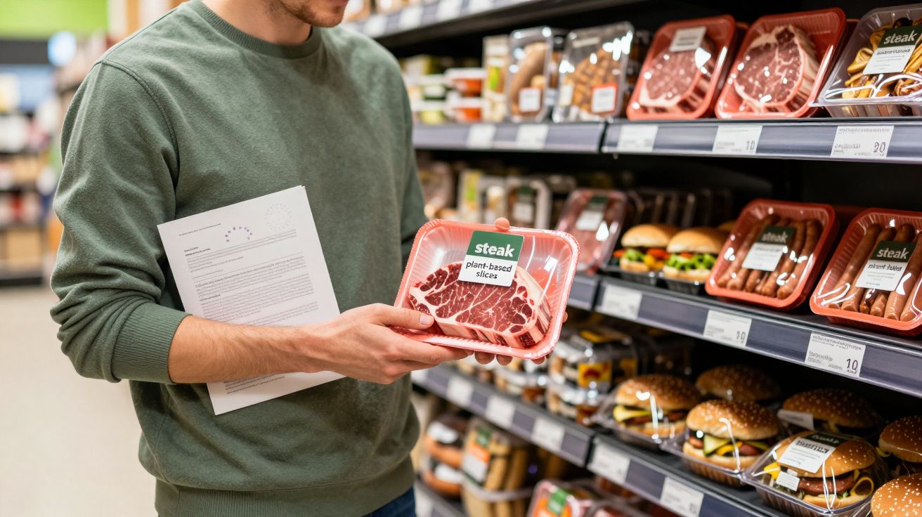 Pessoa segurando embalagem de steak vegetal em supermercado na seção de carnes e hambúrgueres.