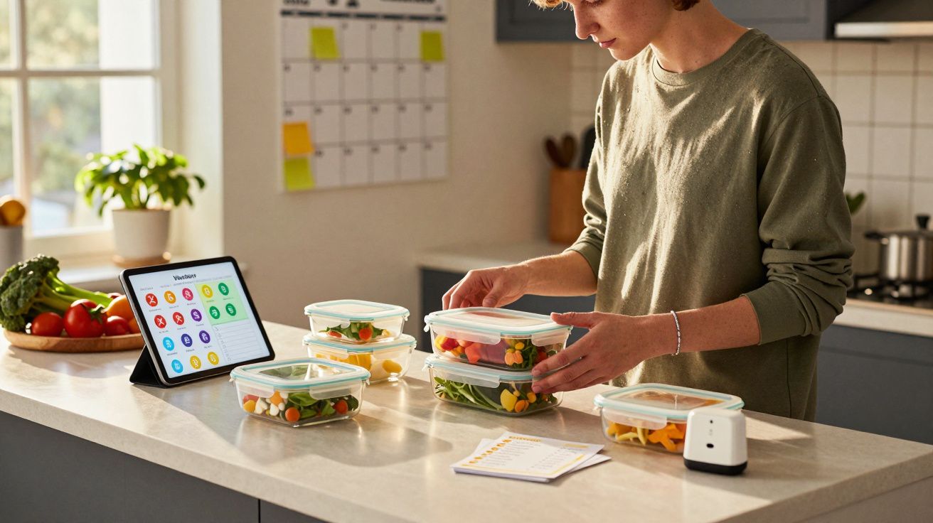 Pessoa organizando recipientes com legumes na cozinha, com tablet e calendário ao fundo.