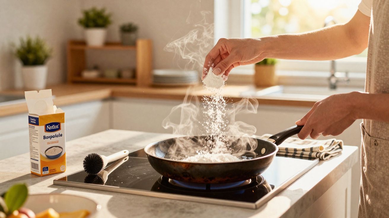 Pessoa adicionando farinha em frigideira com vapor no fogão em cozinha iluminada.