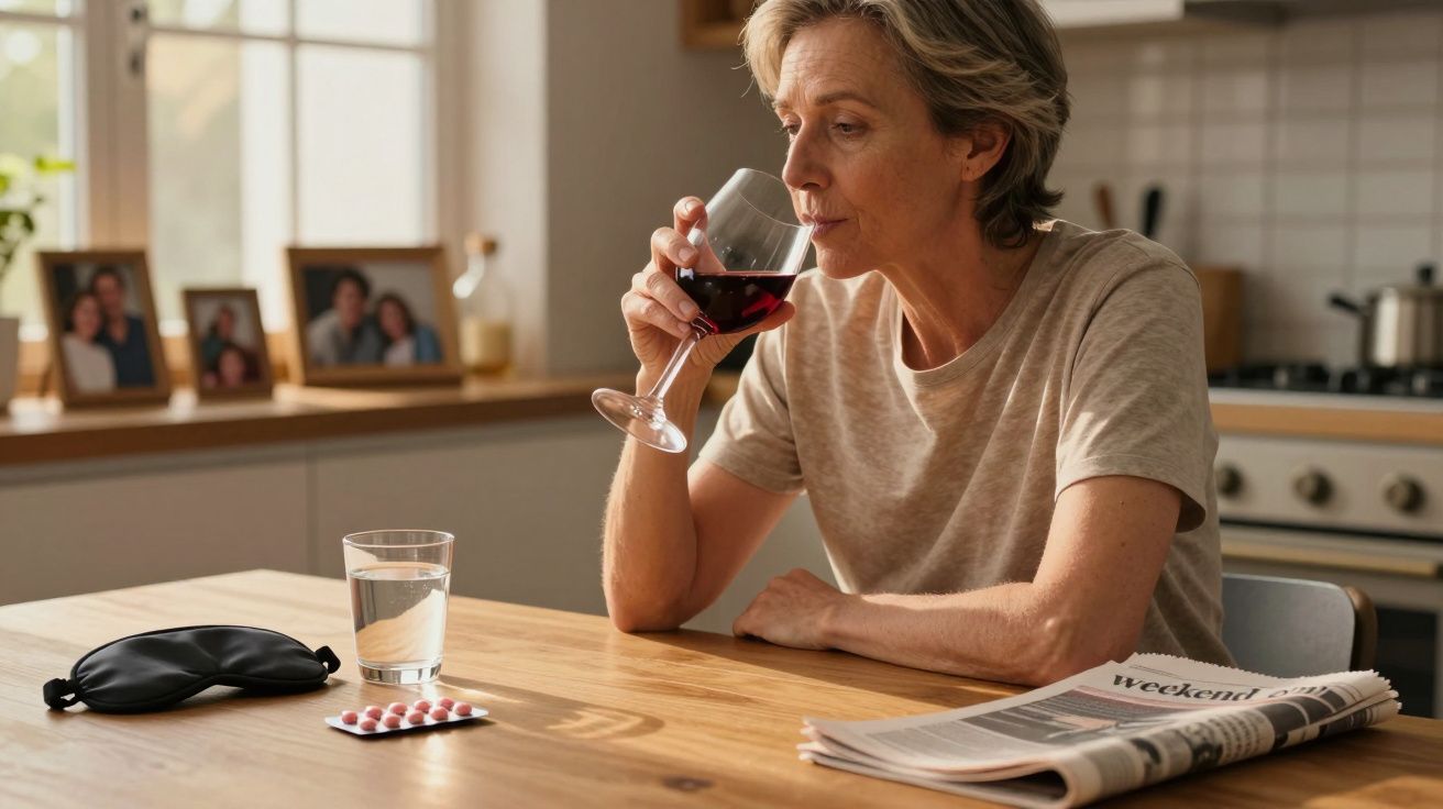 Mulher madura sentada à mesa, bebendo vinho tinto, com jornal, copo d’água, remédios e máscara de dormir.