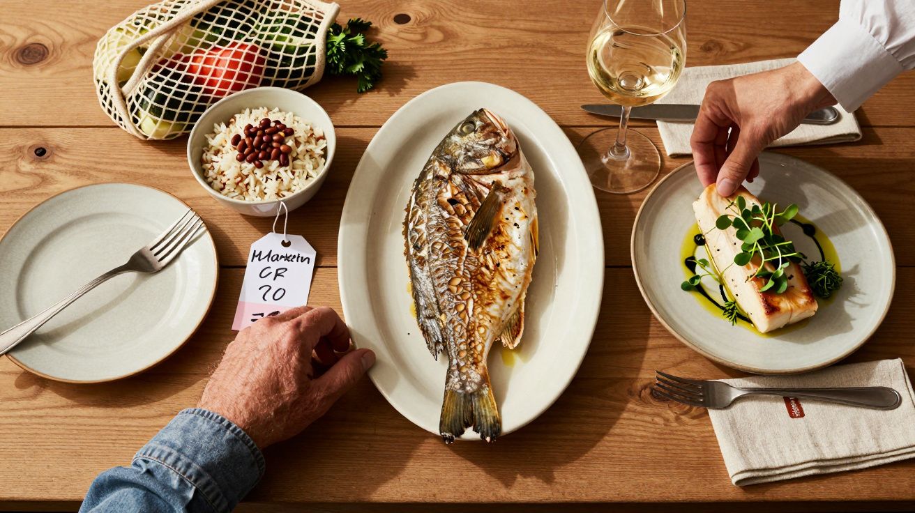 Mesa de madeira com prato de peixe assado, arroz com feijão, peixe grelhado e taça de vinho branco.