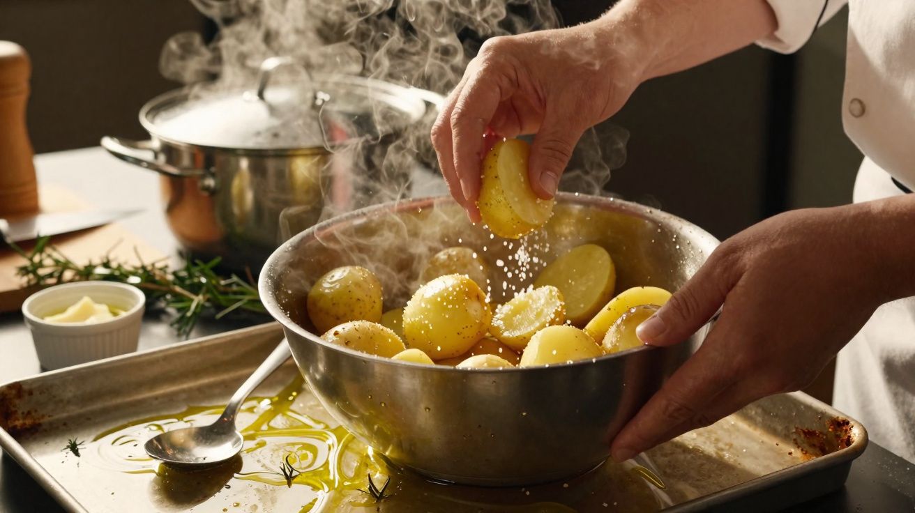 Mãos temperando batatas cozidas com sal em uma tigela de metal com vapor ao fundo.