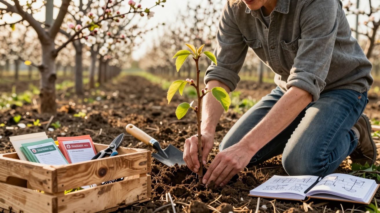 Pessoa plantando muda em solo fértil com ferramentas de jardinagem e caderno aberto ao lado em pomar.
