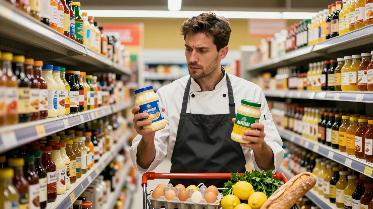 Homem de avental escolhe entre dois potes na seção de temperos de supermercado, com carrinho cheio de alimentos.