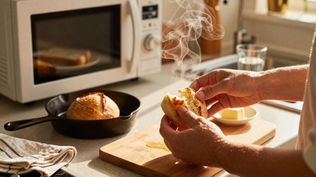 Mãos segurando pão quente e quebrando ao meio em cozinha com torradeira e frigideira ao fundo.