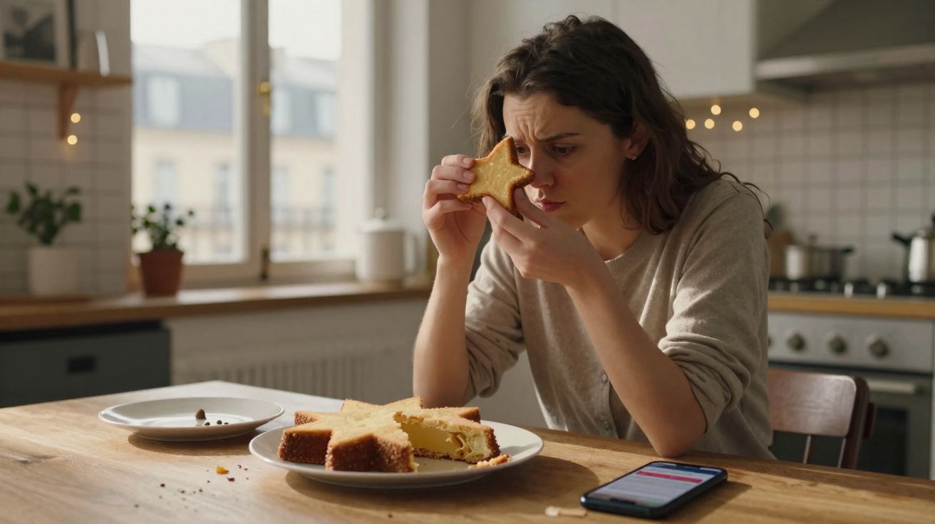 Mulher analisando atentamente um pedaço de bolo em formato de estrela na cozinha, com celular na mesa.