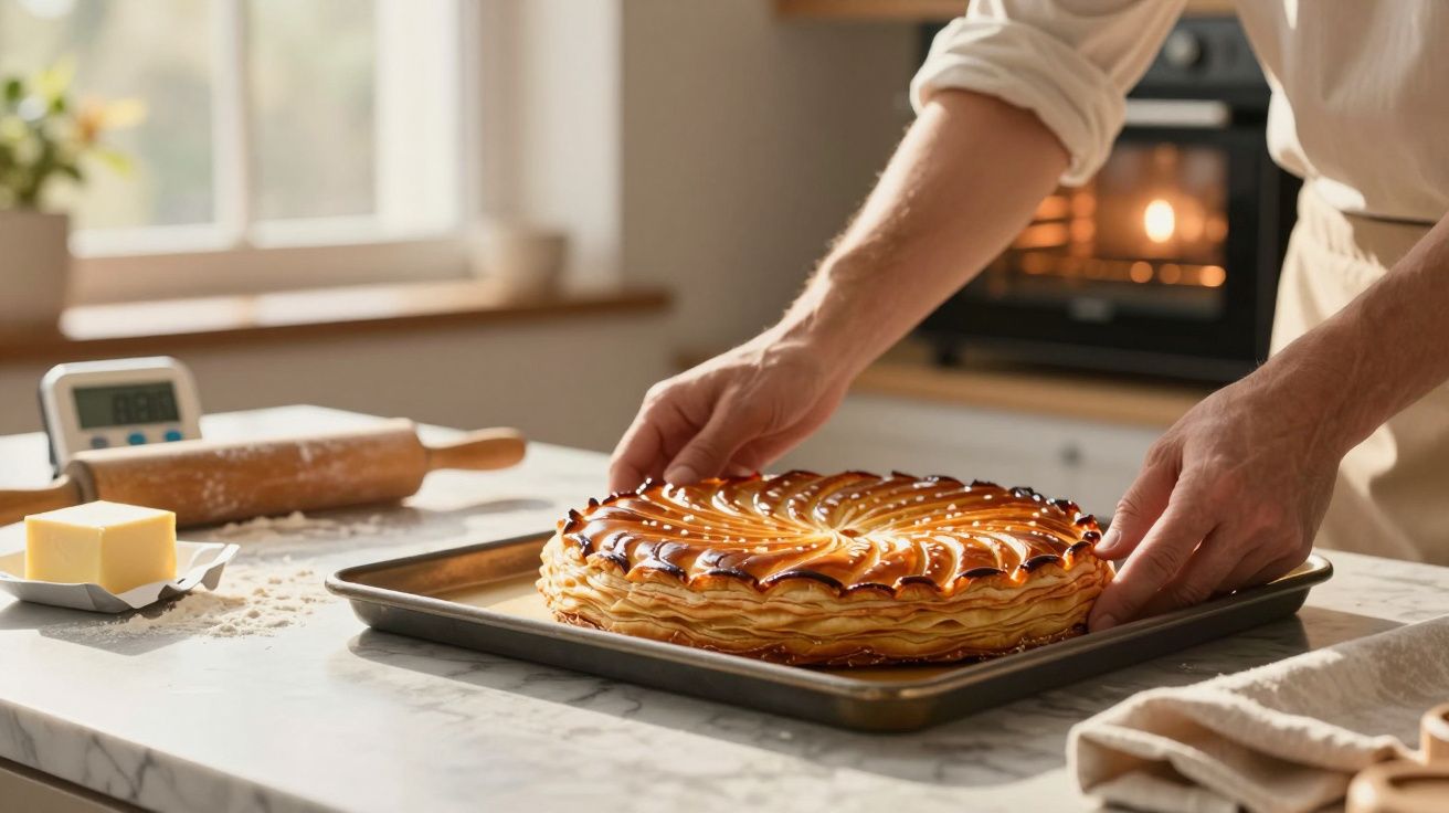 Pessoa retirando torta dourada assada de forno em cozinha iluminada natural.
