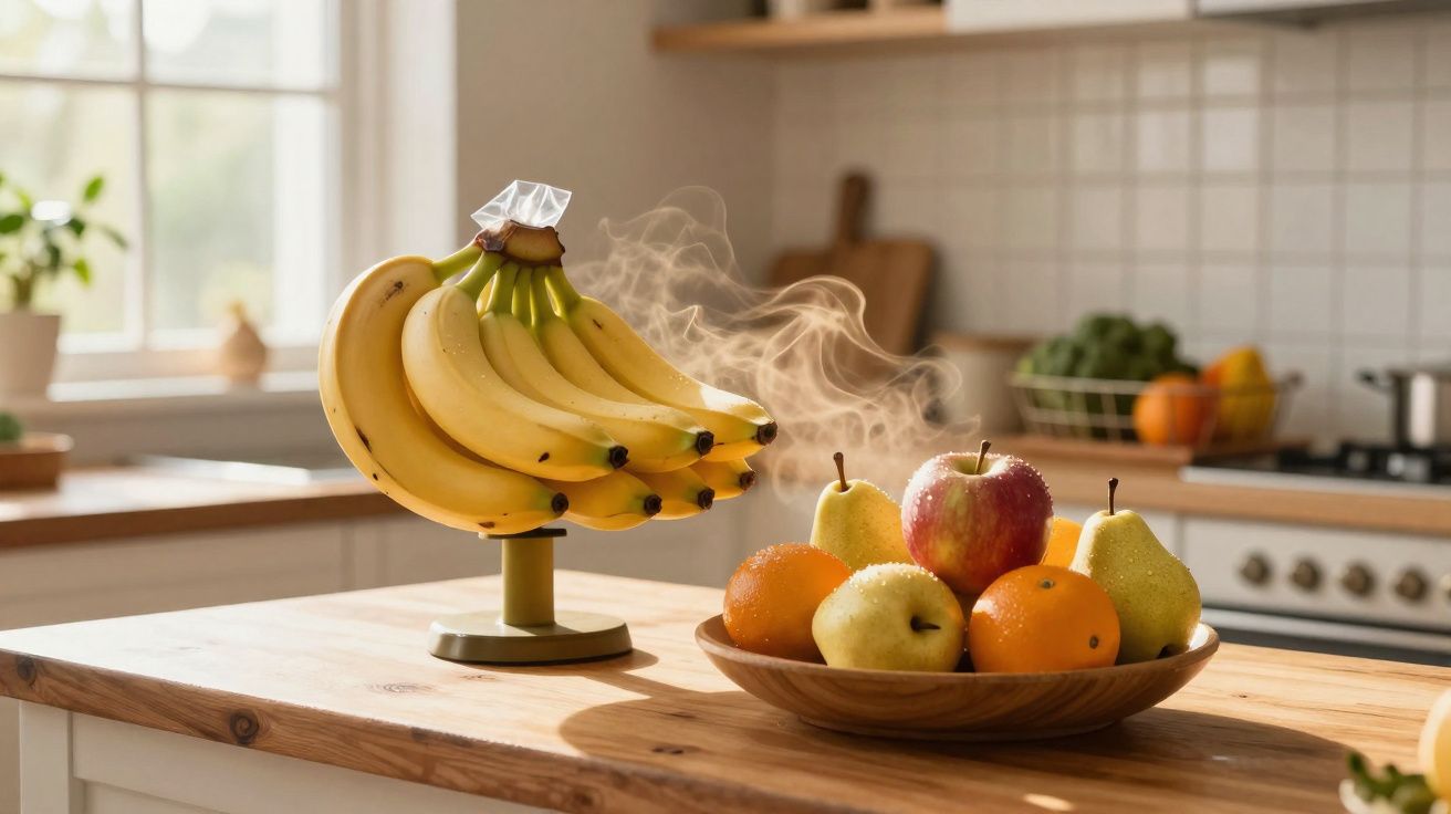 Cacho de bananas em suporte e frutas variadas em tigela de madeira sobre bancada na cozinha iluminada.