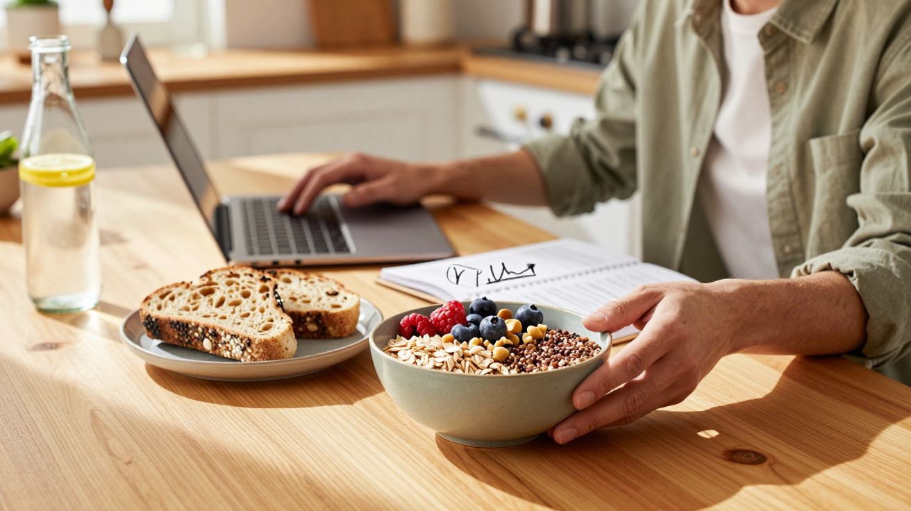 Pessoa trabalhando em laptop com café da manhã saudável com frutas, granola e pão na mesa de madeira.