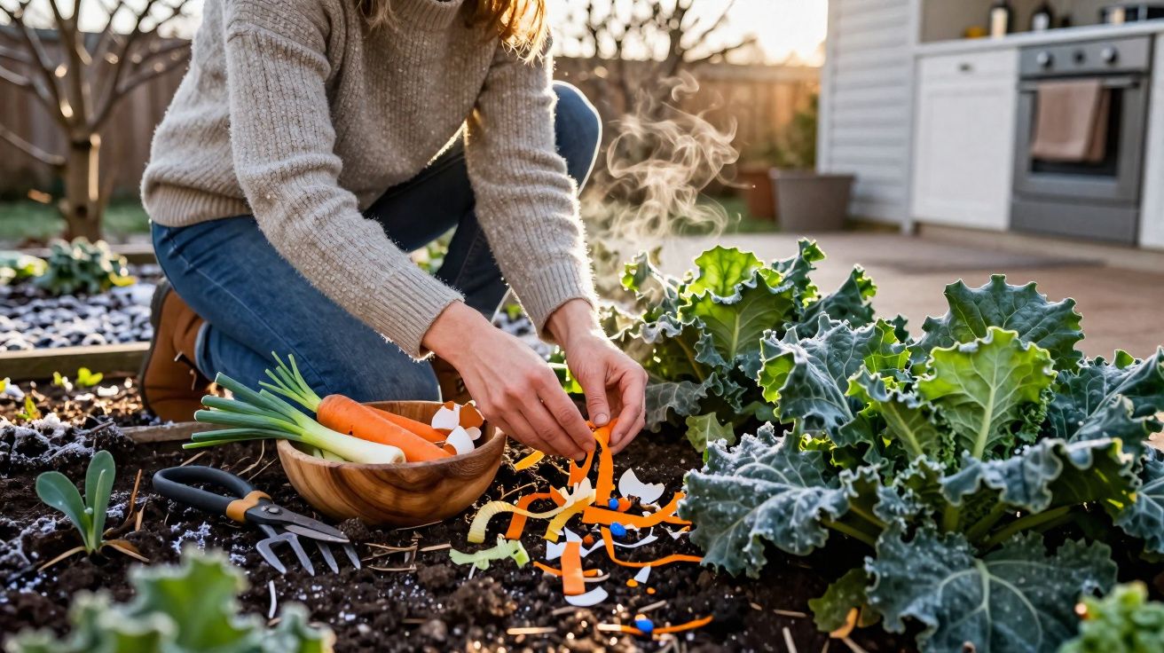 Pessoa descascando cenoura em jardim com vegetais e restos de casca no solo.