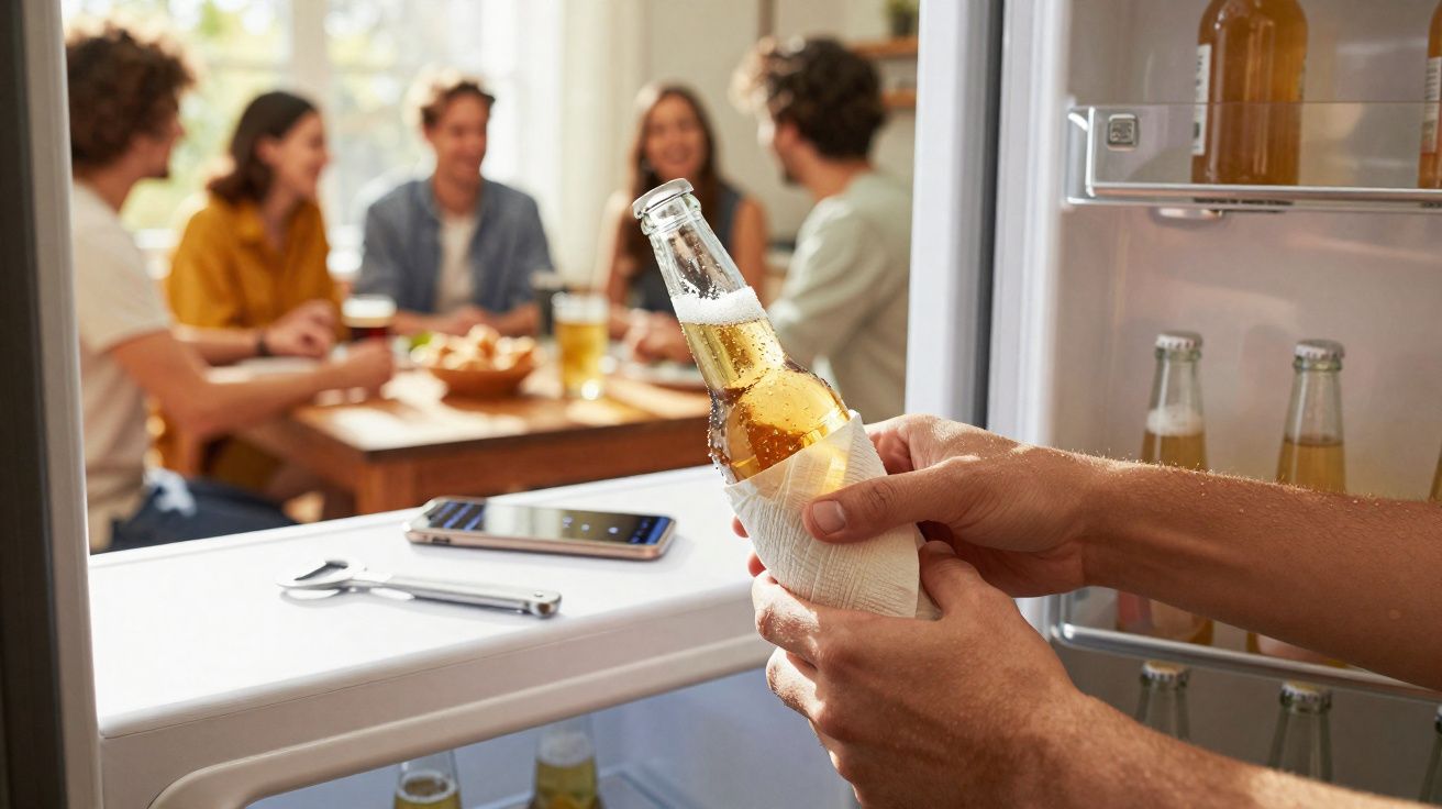 Pessoa segurando uma cerveja gelada na geladeira enquanto amigos conversam ao fundo em um ambiente iluminado.