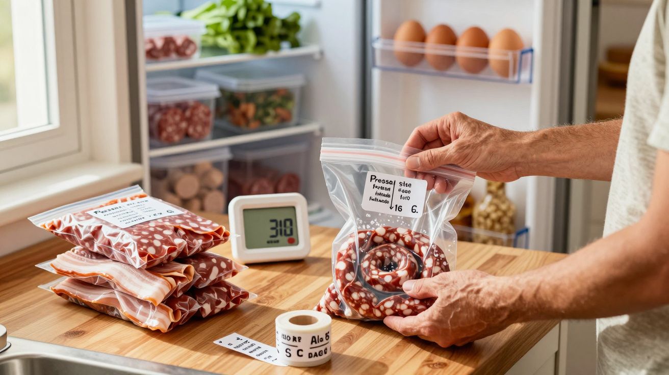 Pessoa embalando linguiça em saco plástico com etiquetas em balcão de cozinha organizada.