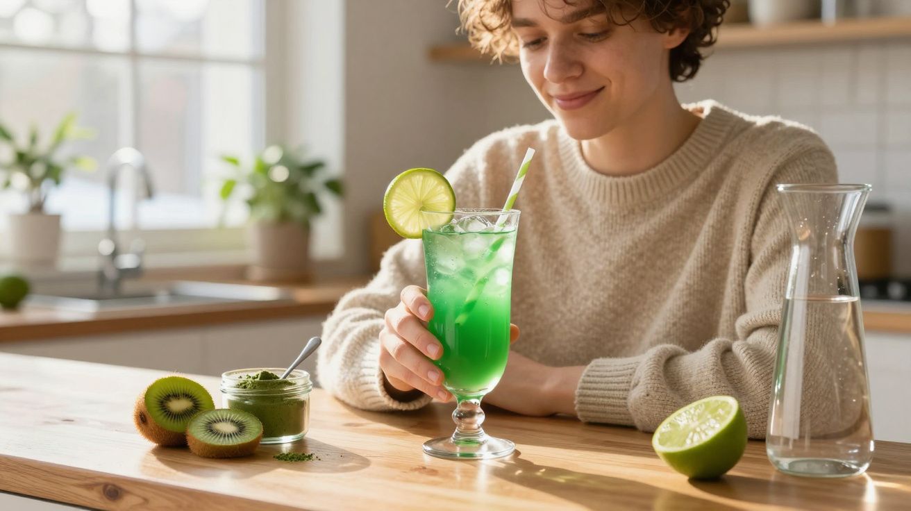Pessoa segurando copo com bebida verde, fatias de kiwi e limão sobre mesa de madeira.