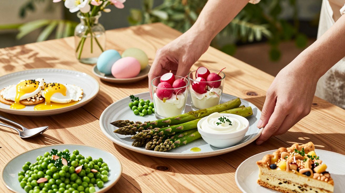 Mãos seguram prato com aspargos, radishes em creme e molho, ao redor pratos com ovos, ervilhas e torta.